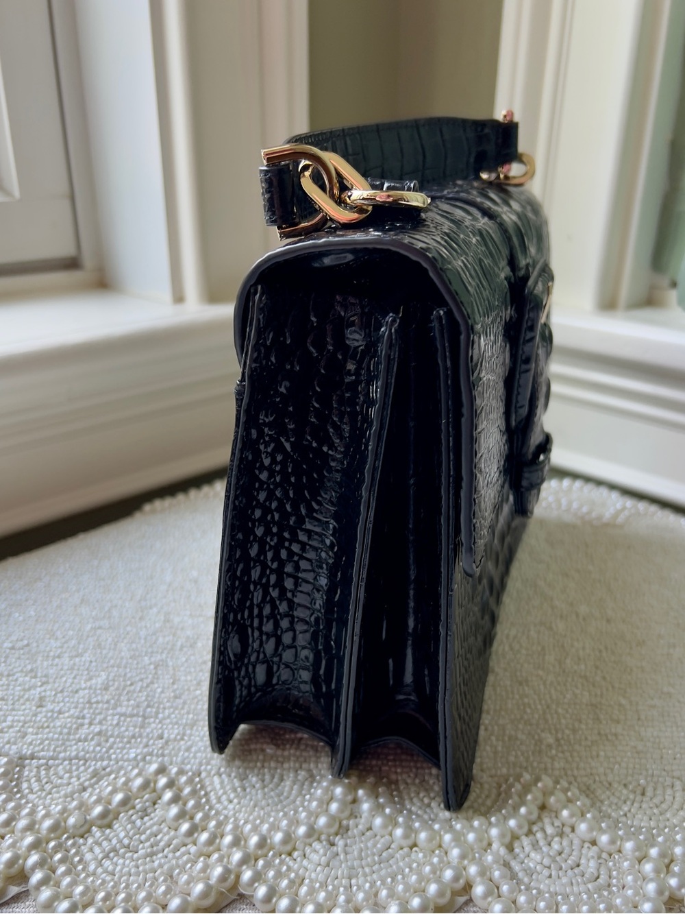 New Brahmin Leather SMALL HALLIE Satchel Bag, Croc-Embossed, Black Melbourne - Picture 6 of 10